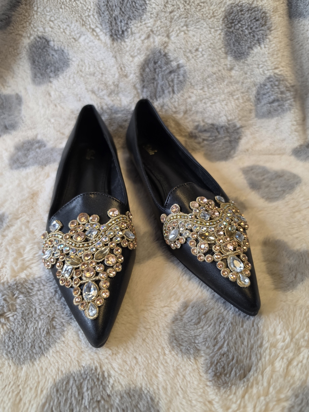 SHEIN Black Pointed Toe Flats with Gold & Crystal Embellishments